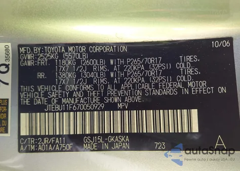 2007 Toyota Fj Cruiser z USA, uszkodzony, nr VIN JTEBU11F670050929